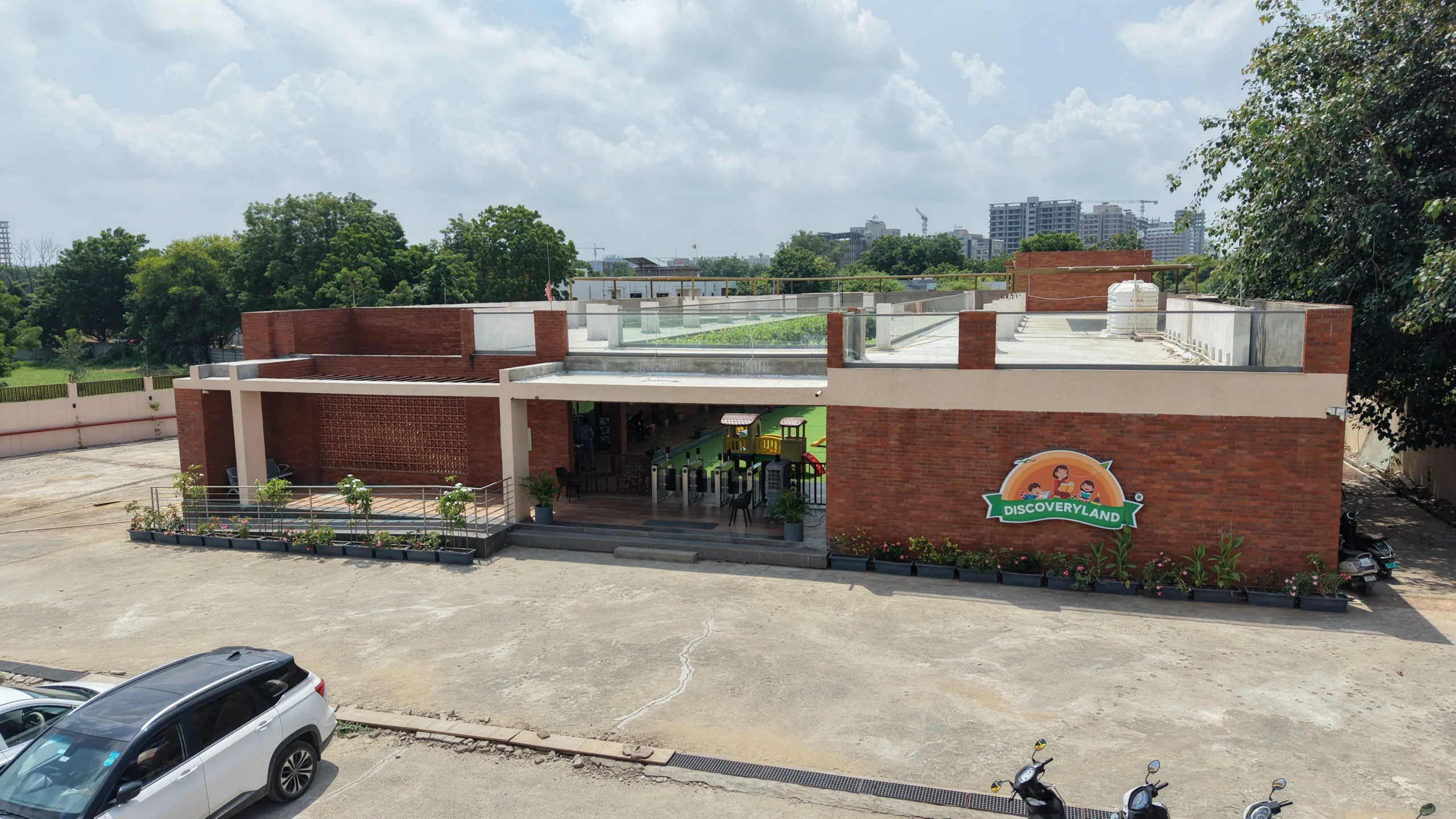 Discoveryland Khodiyar preschool campus facade in Ahmedabad